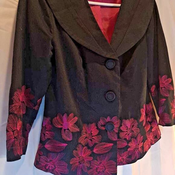 Trenz By Theresa Renz Women's Jacket Coat Black Pink Floral Waist Length Lined S - Picture 2 of 6